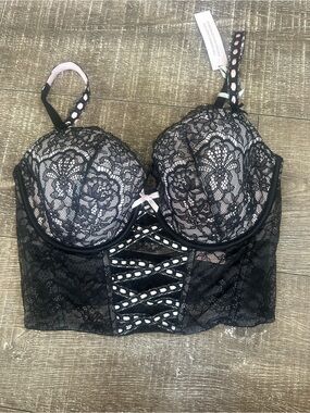 Victoria's Secret Black Lace Longline Bustier with Pink Trim Corset